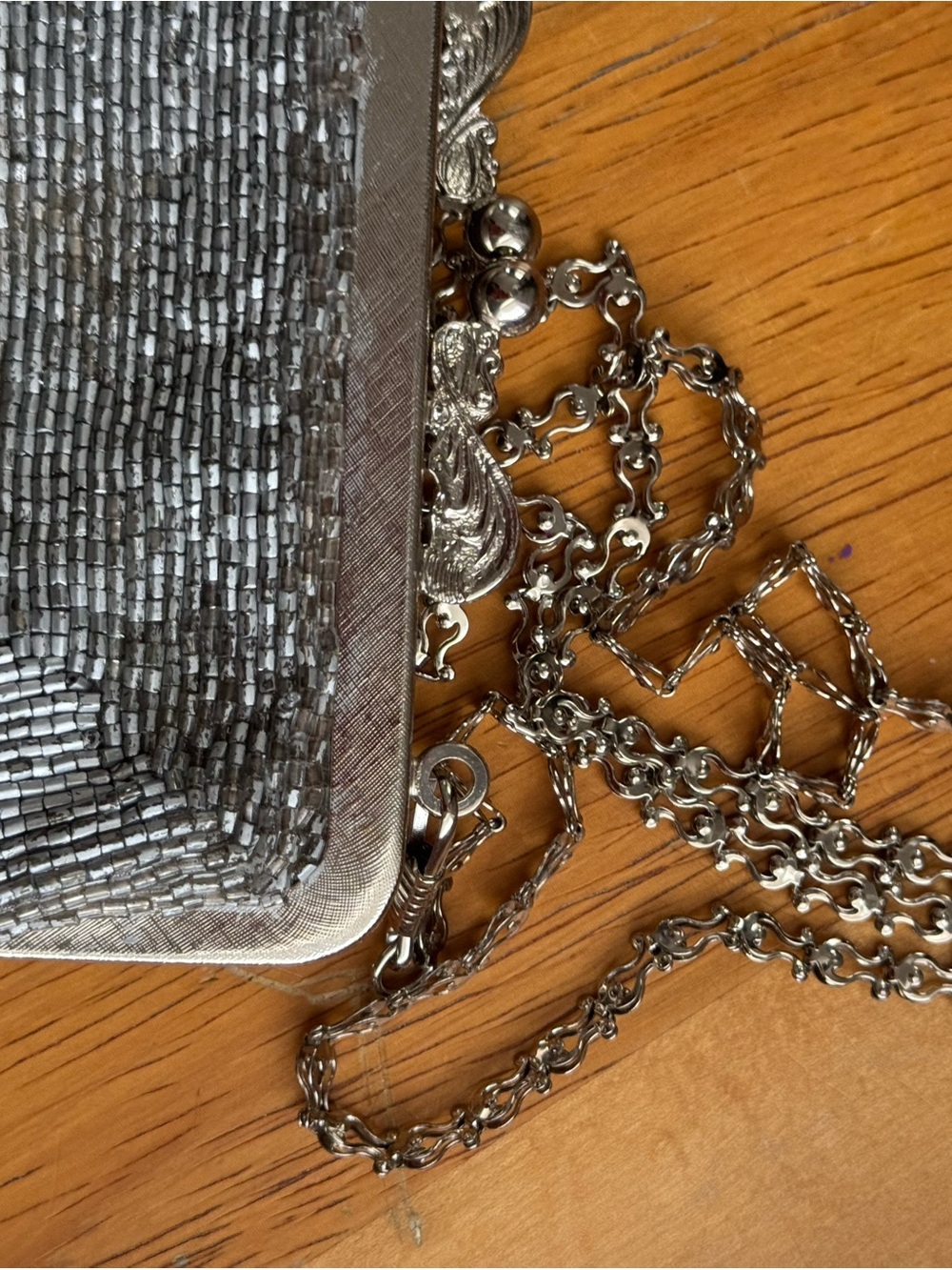 Silver Beaded Evening Clutch with Chain Strap